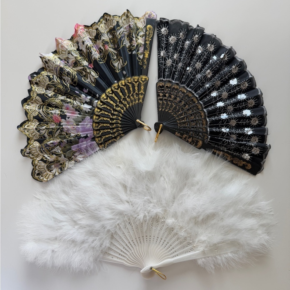 Vintage Hand Fan Painted Feather Bundle Black White (set of 3)